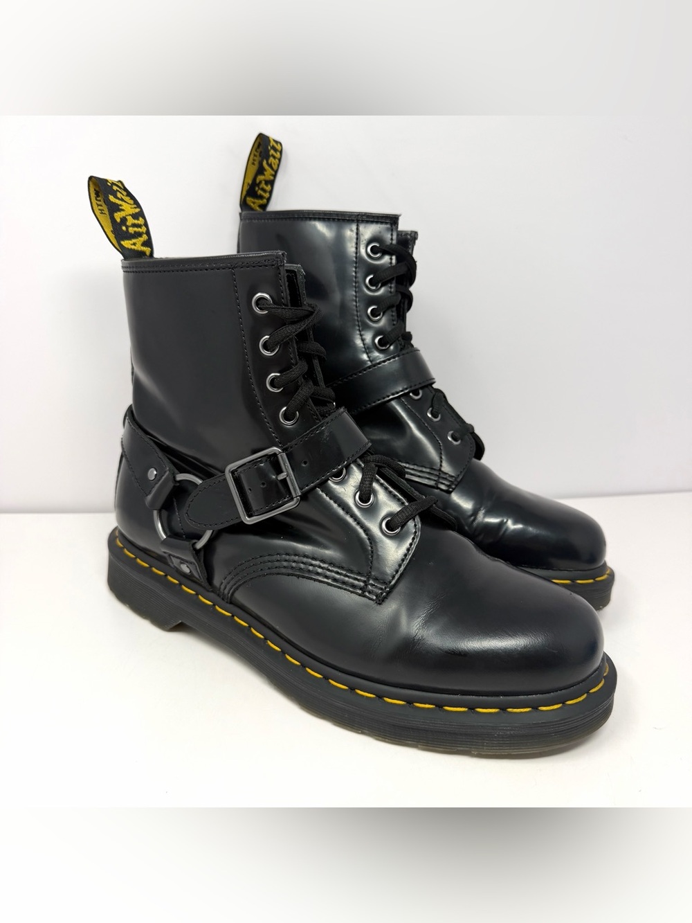 Dr Doc Martens Men’s 1460 Harness Combat Boots Sz 11 Black Polished Leather EUC